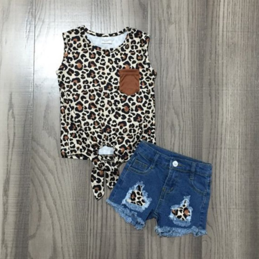 ]Boutique Leopard Tie Tank Top Girls Denim Jean Shorts Outfit Set
